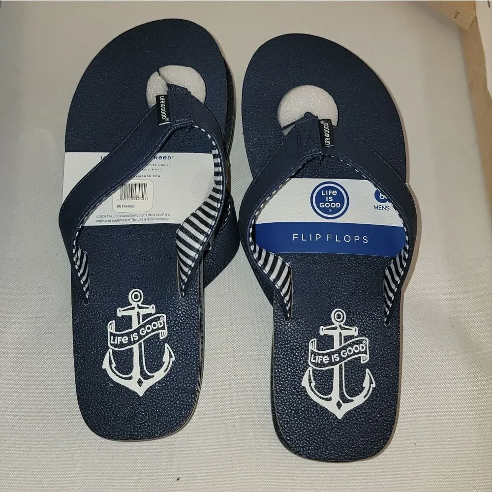Life Is Good Blue w Nautical Anchor Sandals • Texture Sole • NEW • Sizes 7 8 9
